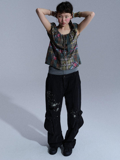 Achihara Faded Distressed Ripped Washed Utility Cargo Women&