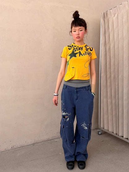 Achihara Faded Distressed Ripped Washed Utility Cargo Women&