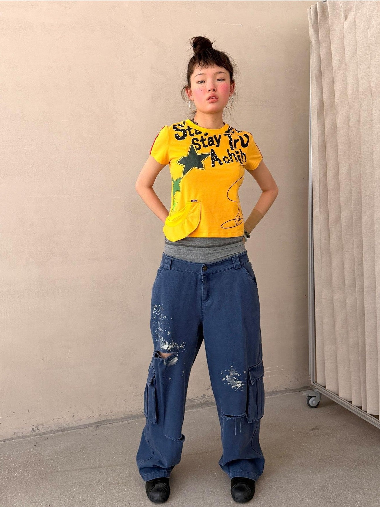 Achihara Faded Distressed Ripped Washed Utility Cargo Women&
