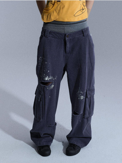 Achihara Faded Distressed Ripped Washed Utility Cargo Women&