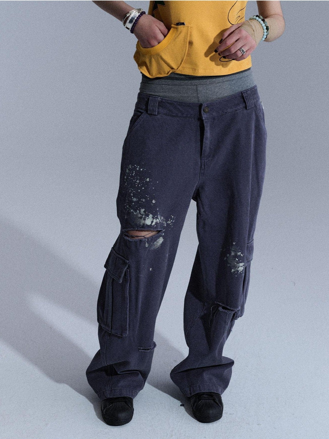 Achihara Faded Distressed Ripped Washed Utility Cargo Women&