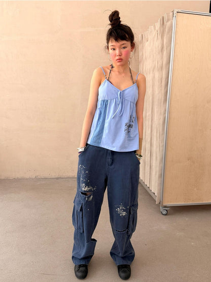 Achihara Faded Distressed Ripped Washed Utility Cargo Women&