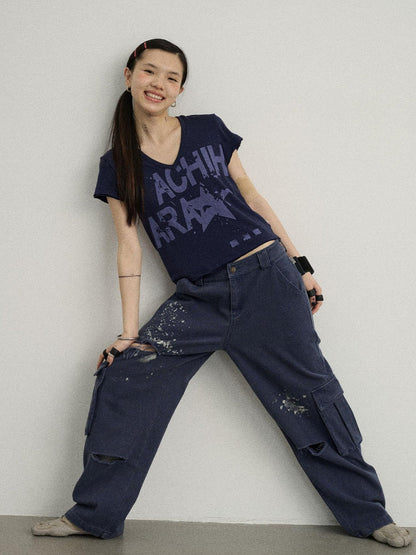 Achihara Faded Ink Canvas Cargo Pants