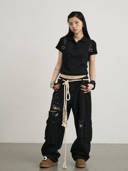 Achihara Faded Ink Canvas Cargo Pants