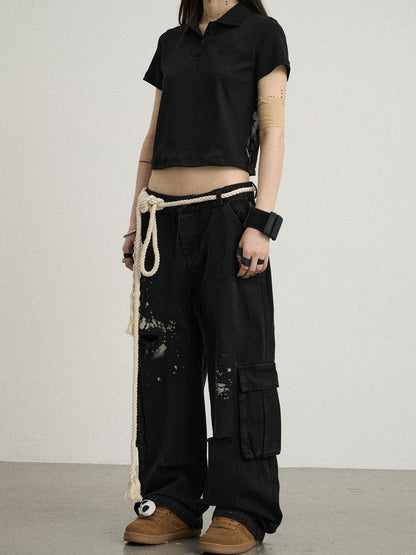 Achihara Faded Ink Canvas Cargo Pants