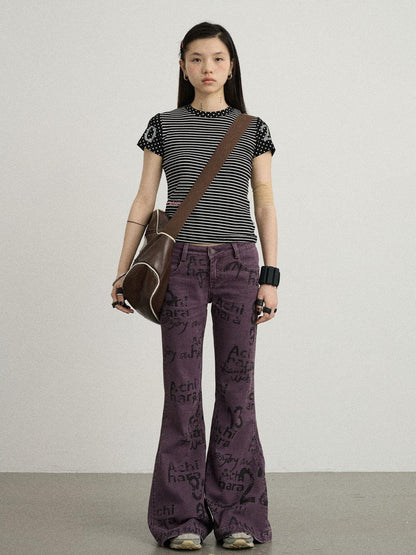 Achihara Fault Stripe Dot Print Tee Retro Vintage Style Cotton Blend