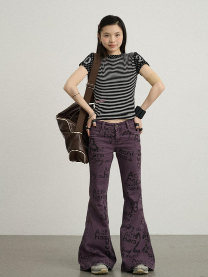 Achihara Fault Stripe Dot Print Tee Retro Vintage Style Cotton Blend