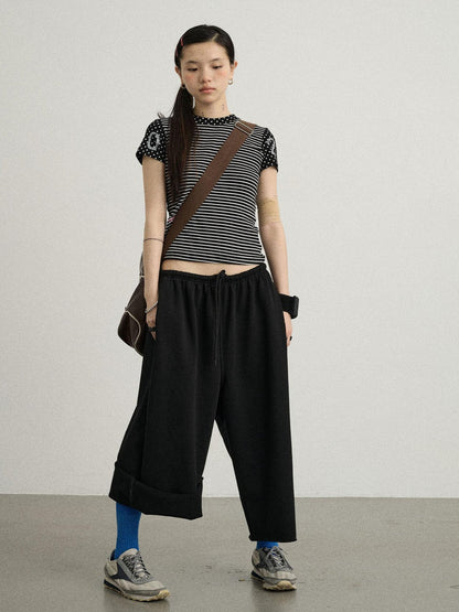 Achihara Fault Stripe Dot Print Tee Retro Vintage Style Cotton Blend