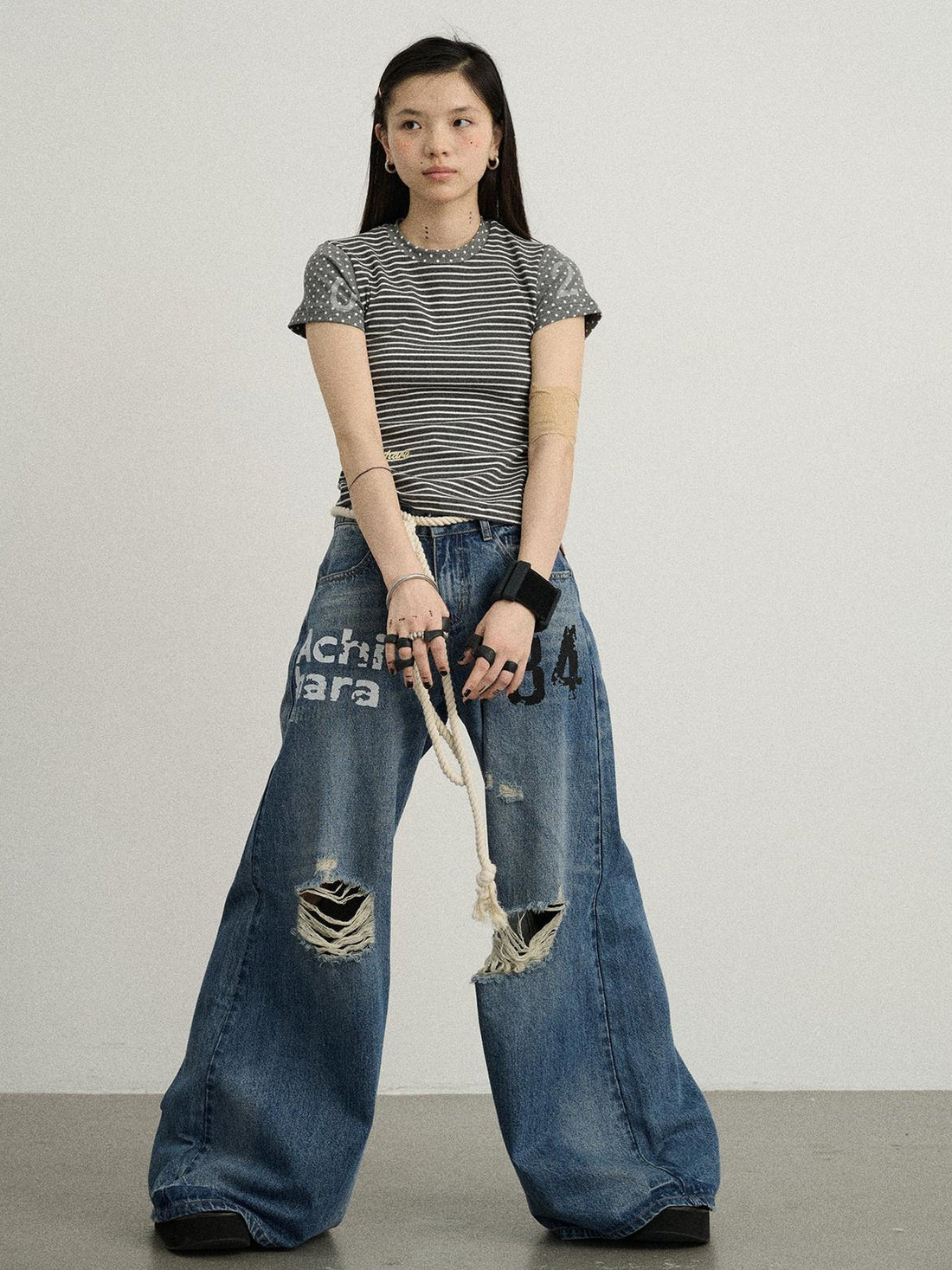 Achihara Fault Stripe Dot Print Tee Retro Vintage Style Cotton Blend