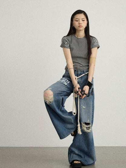 Achihara Fault Stripe Dot Print Tee Retro Vintage Style Cotton Blend