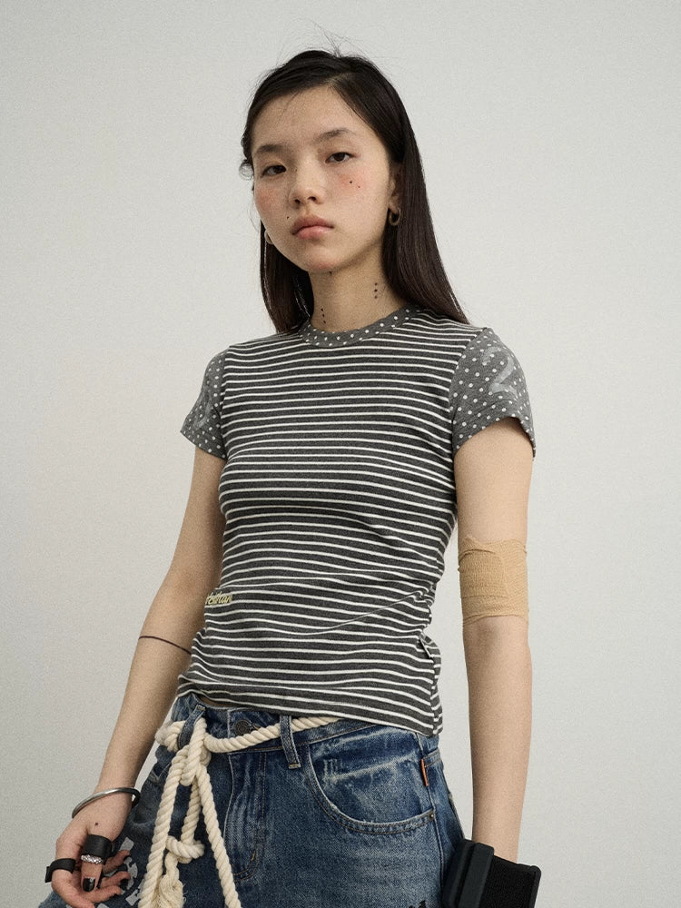Achihara Fault Stripe Dot Print Tee Retro Vintage Style Cotton Blend-4