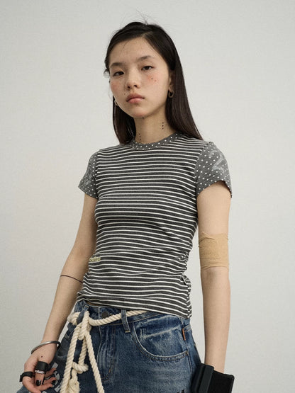 Achihara Fault Stripe Dot Print Tee Retro Vintage Style Cotton Blend-4