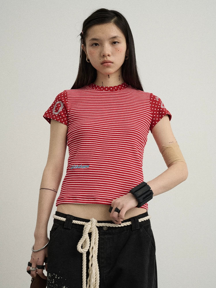 Achihara Fault Stripe Dot Print Tee Retro Vintage Style Cotton Blend-5