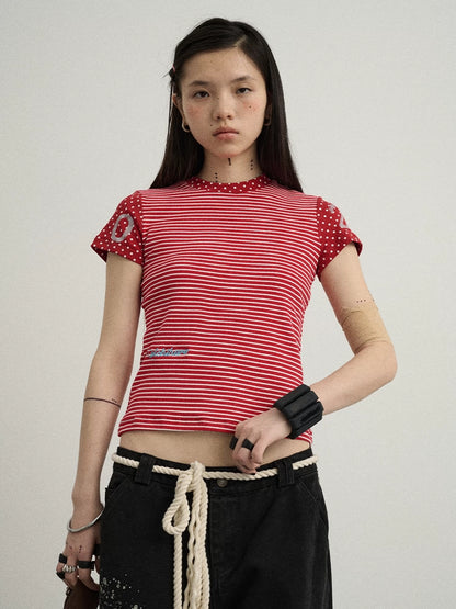 Achihara Fault Stripe Dot Print Tee Retro Vintage Style Cotton Blend-5