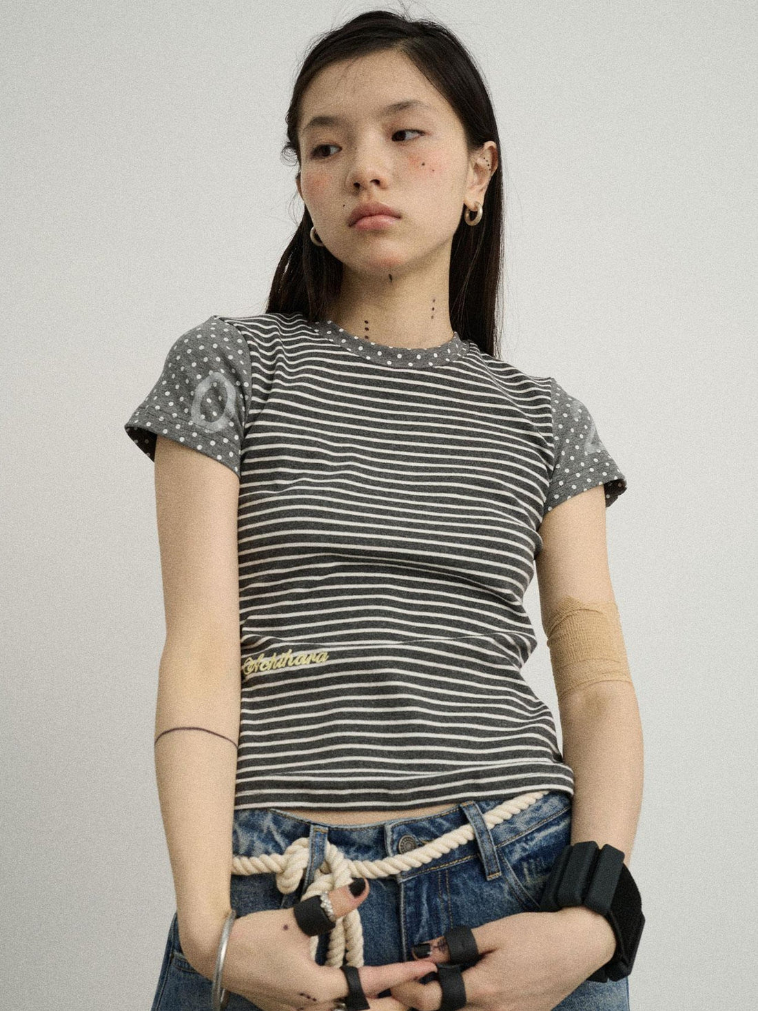 Achihara Fault Stripe Dot Print Tee Retro Vintage Style Cotton Blend