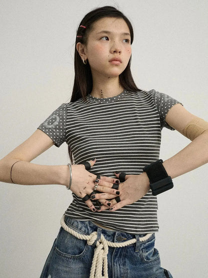 Fault Stripe Dot Print Tee Retro Vintage Style Cotton Blend