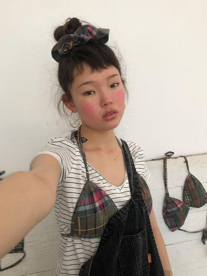 Achihara Floral Check Plaid Print Grid Pattern Women&