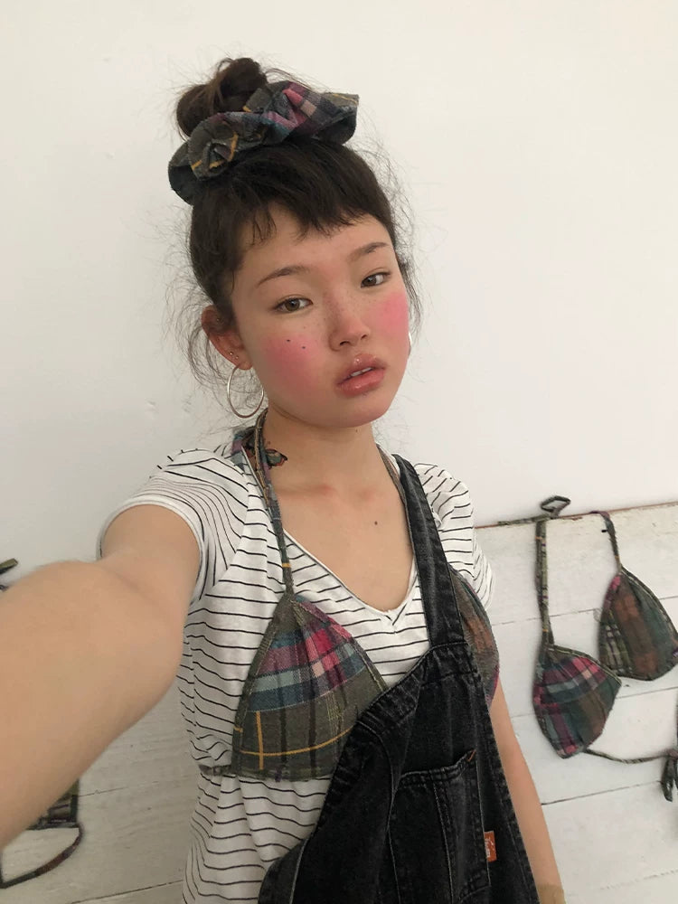 Achihara Floral Check Plaid Print Grid Pattern Women&