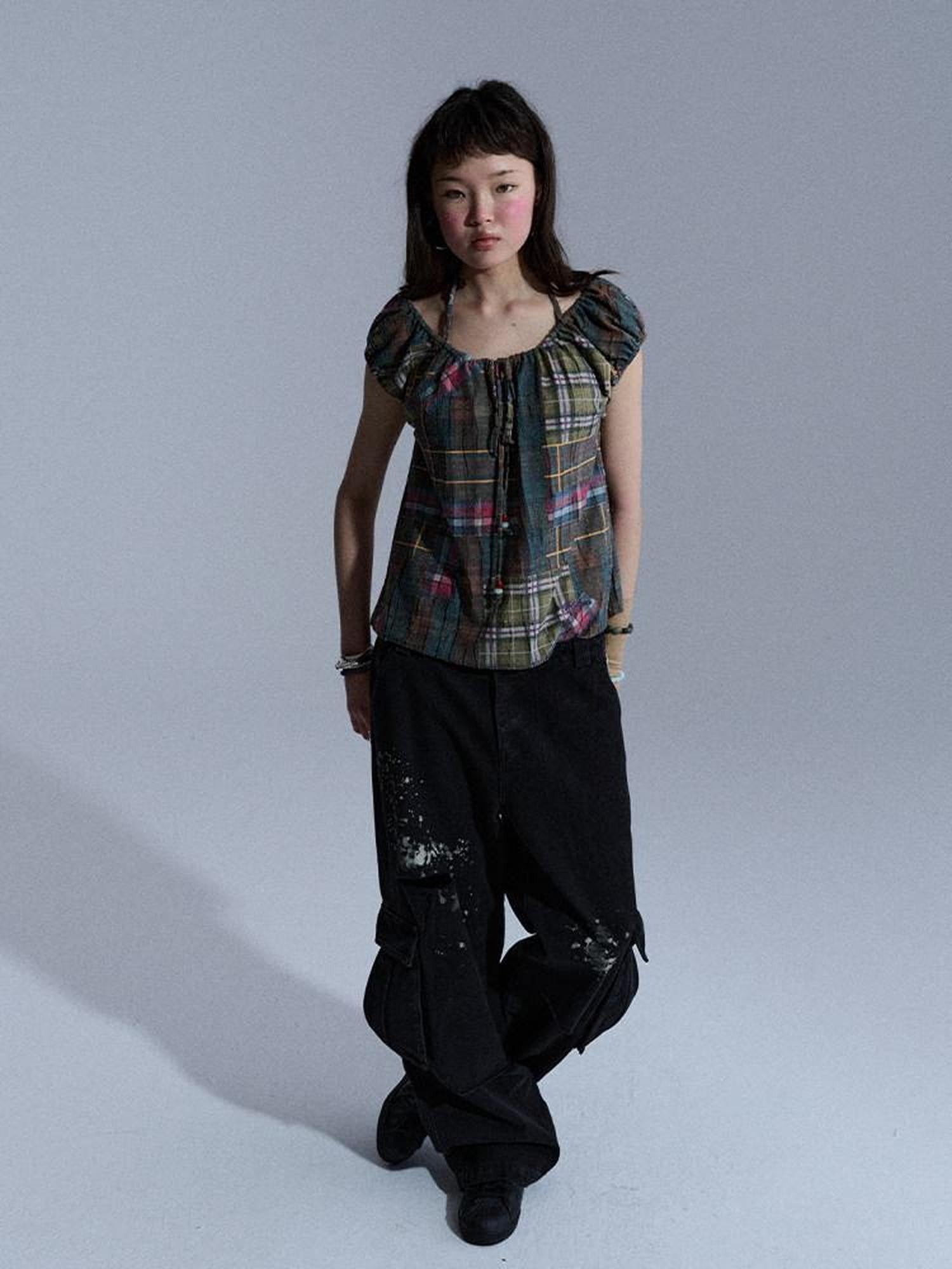 Achihara Floral Plaid Puff Pleated Women&