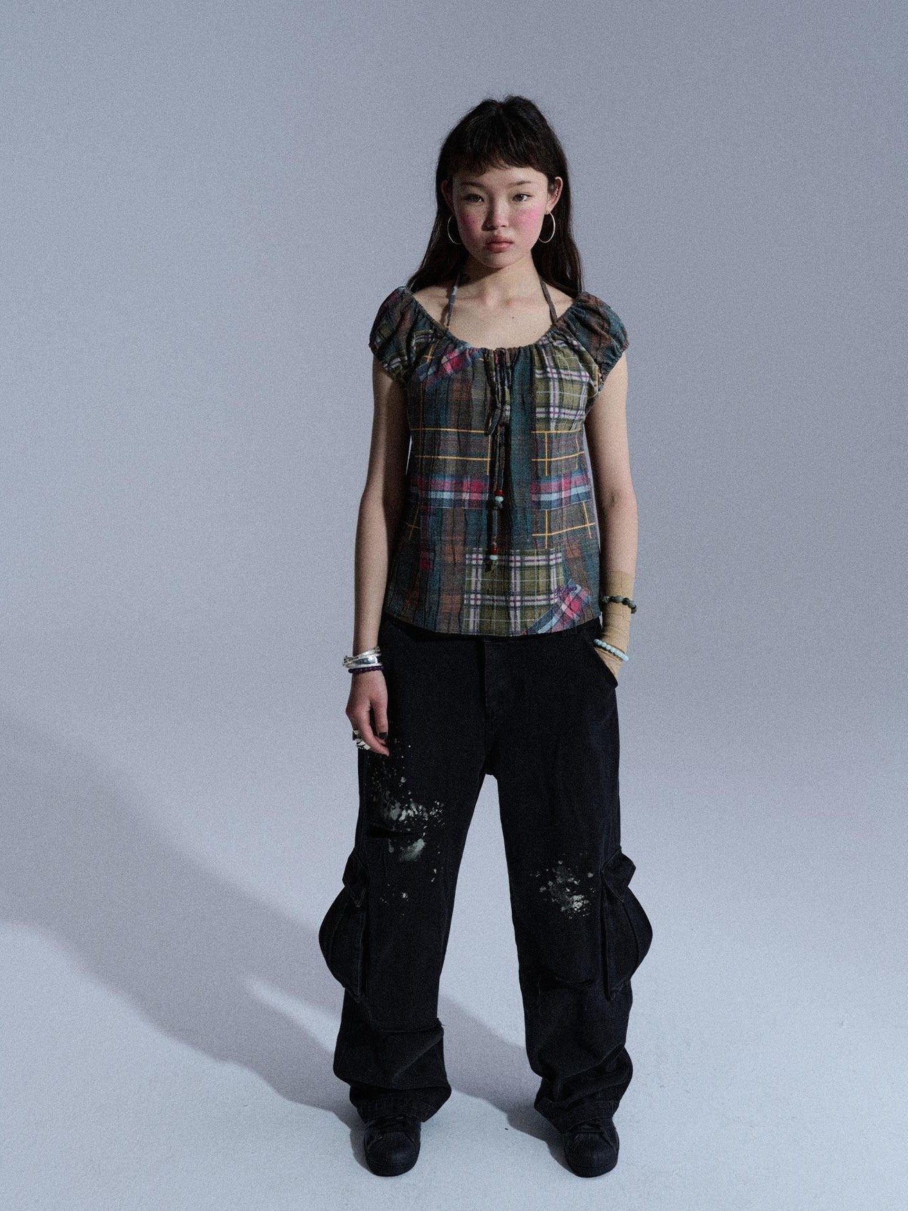 Achihara Floral Plaid Puff Pleated Women&