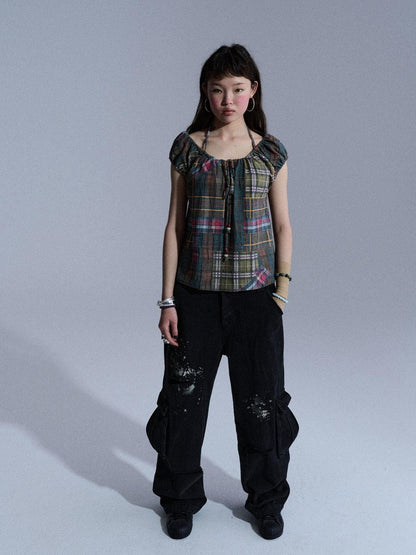 Achihara Floral Plaid Puff Pleated Women&