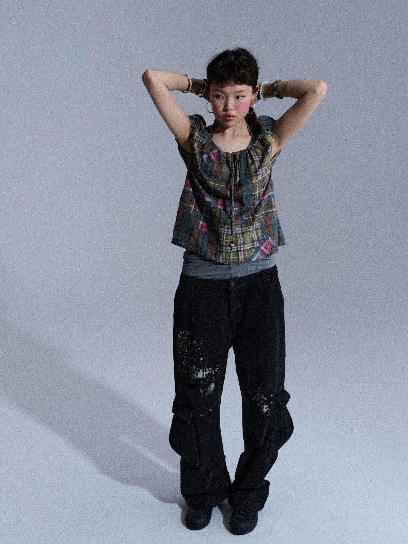 Achihara Floral Plaid Puff Pleated Women&