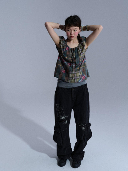 Achihara Floral Plaid Puff Pleated Women&