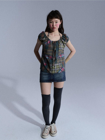 Achihara Floral Plaid Puff Pleated Women&