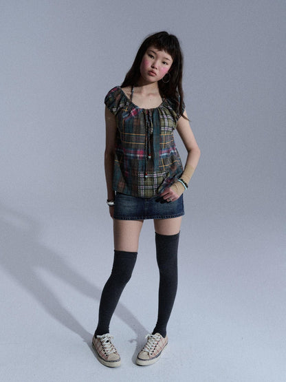 Achihara Floral Plaid Puff Pleated Women&