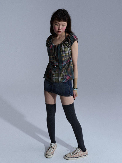 Achihara Floral Plaid Puff Pleated Women&