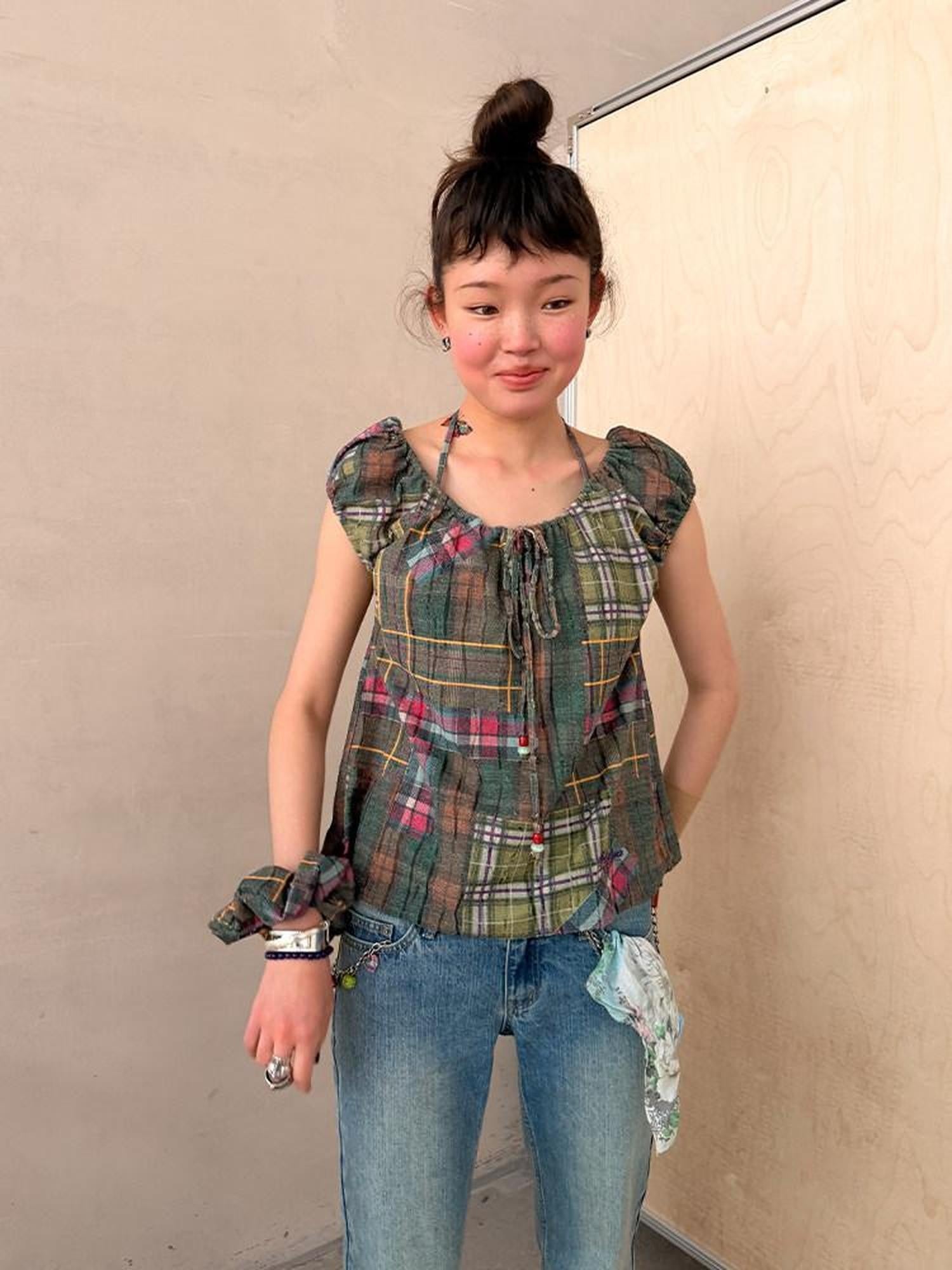 Achihara Floral Plaid Puff Pleated Women&