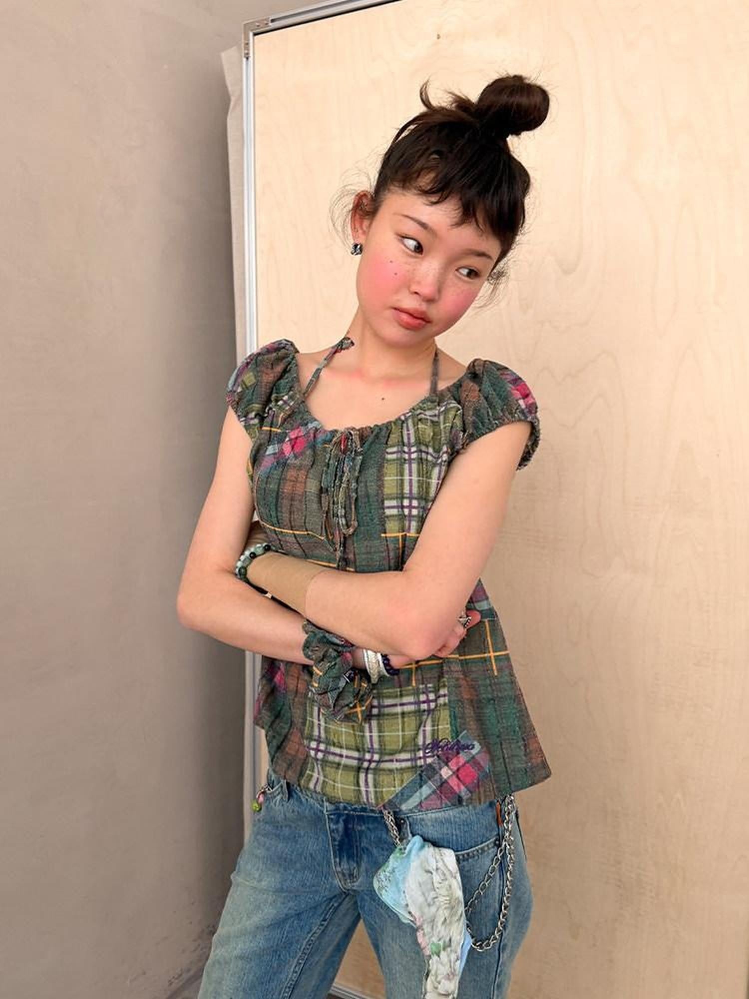 Achihara Floral Plaid Puff Pleated Women&