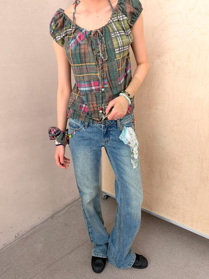 Achihara Floral Plaid Puff Pleated Women&