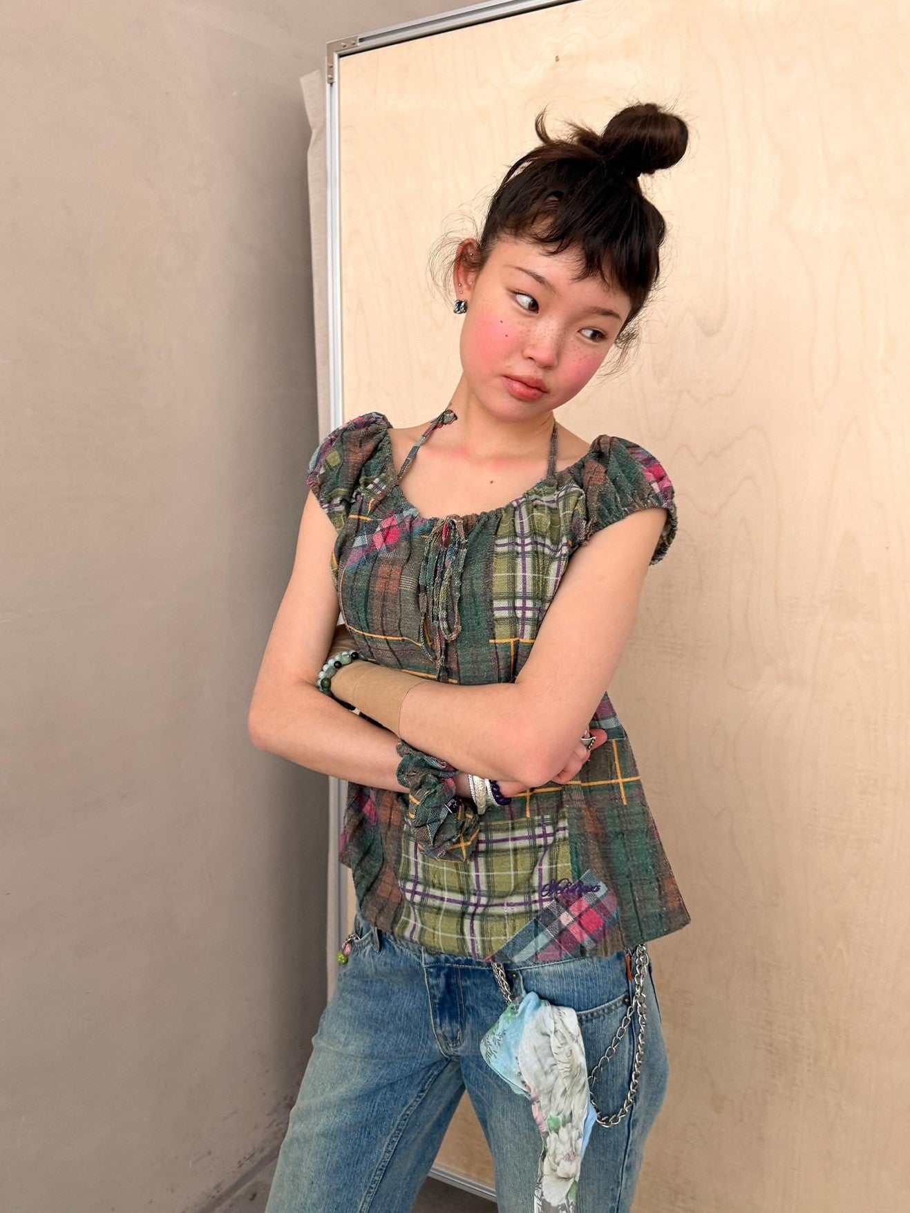 Achihara Floral Plaid Puff Pleated Women&