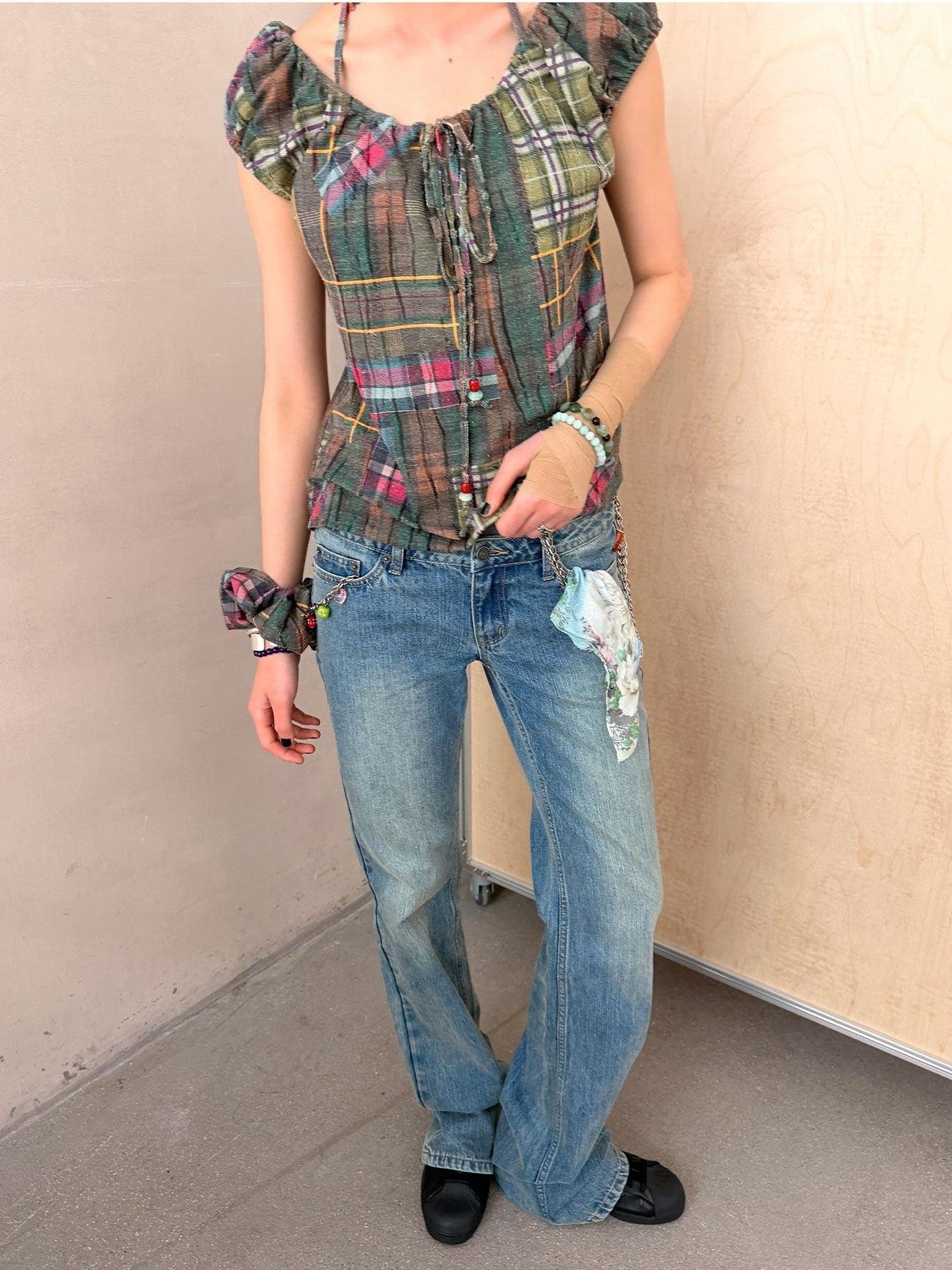 Achihara Floral Plaid Puff Pleated Women&