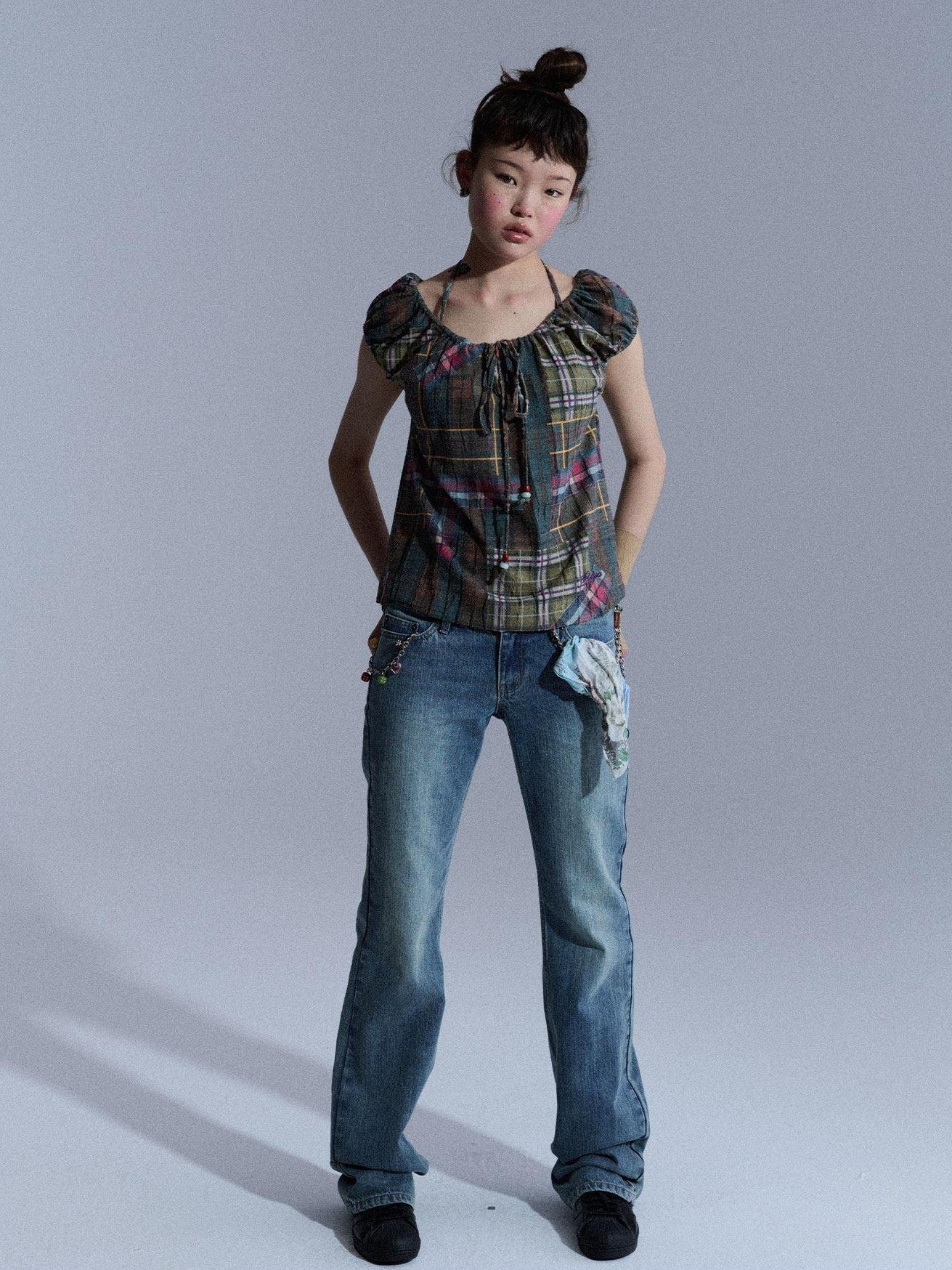 Achihara Floral Plaid Puff Pleated Women&
