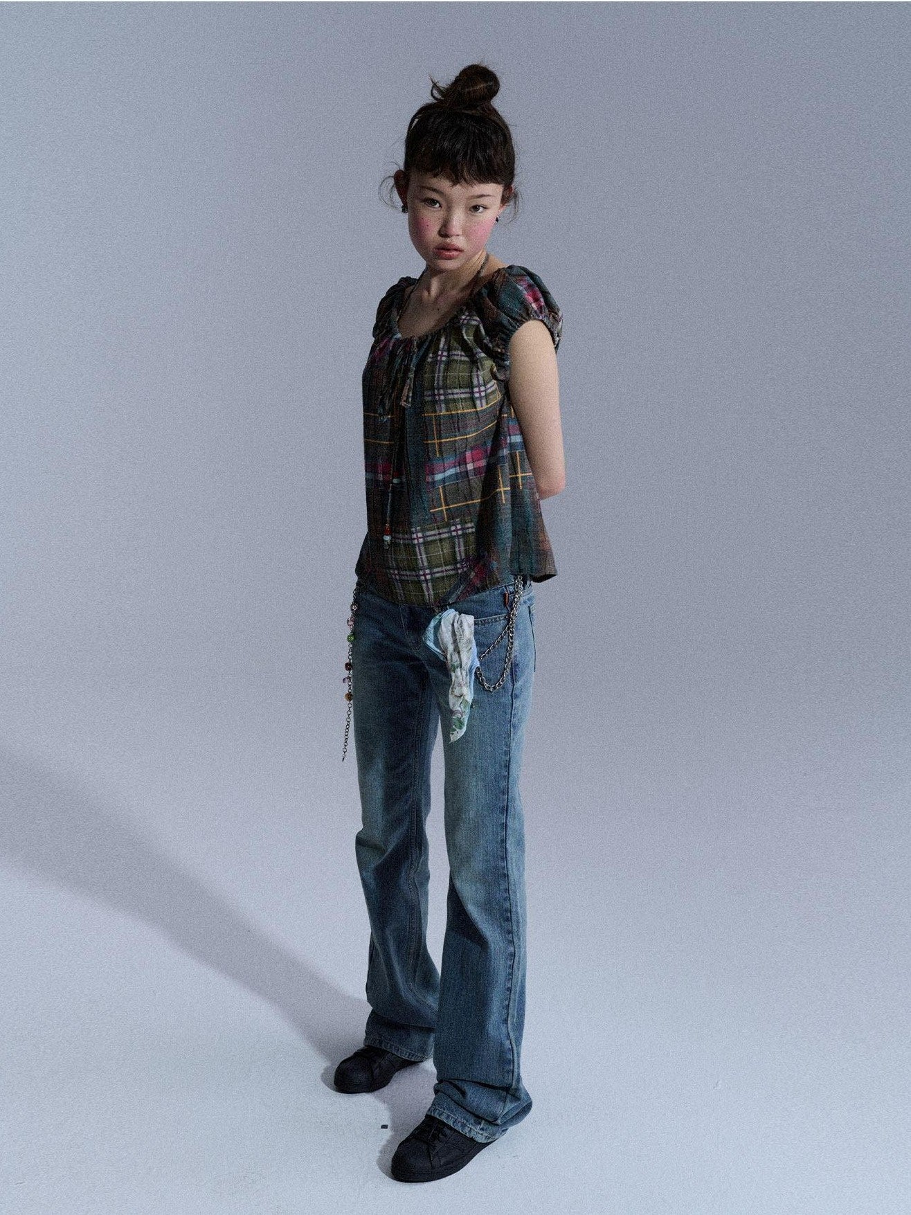 Achihara Floral Plaid Puff Pleated Women&
