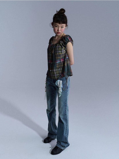 Achihara Floral Plaid Puff Pleated Women&
