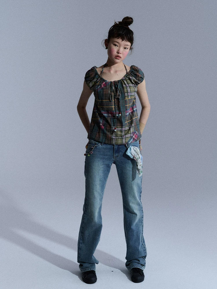 Achihara Floral Plaid Puff Pleated Women&
