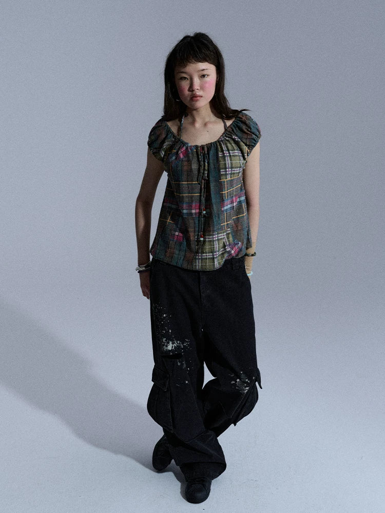 Achihara Floral Plaid Puff Pleated Women&