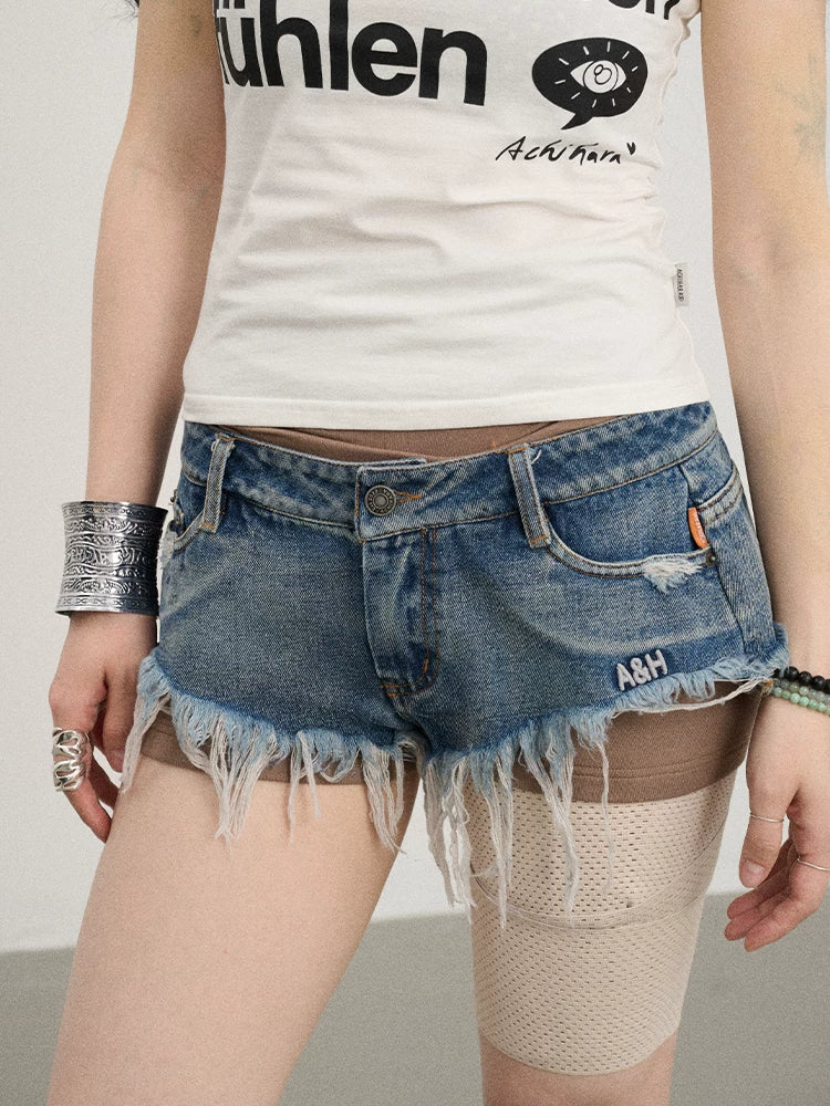 Achihara Frayed Edge Denim Shorts 2025 Summer Low Rise Triangle Casual-1