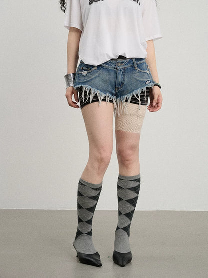 Achihara Frayed Edge Denim Shorts 2025 Summer Low Rise Triangle Casual-3