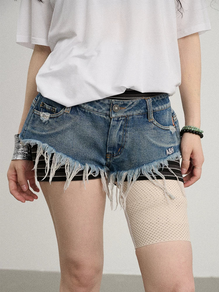 Achihara Frayed Edge Denim Shorts 2025 Summer Low Rise Triangle Casual-4