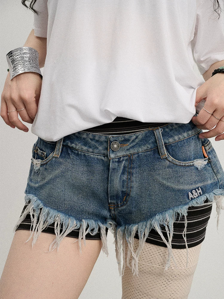 Achihara Frayed Edge Denim Shorts 2025 Summer Low Rise Triangle Casual-5