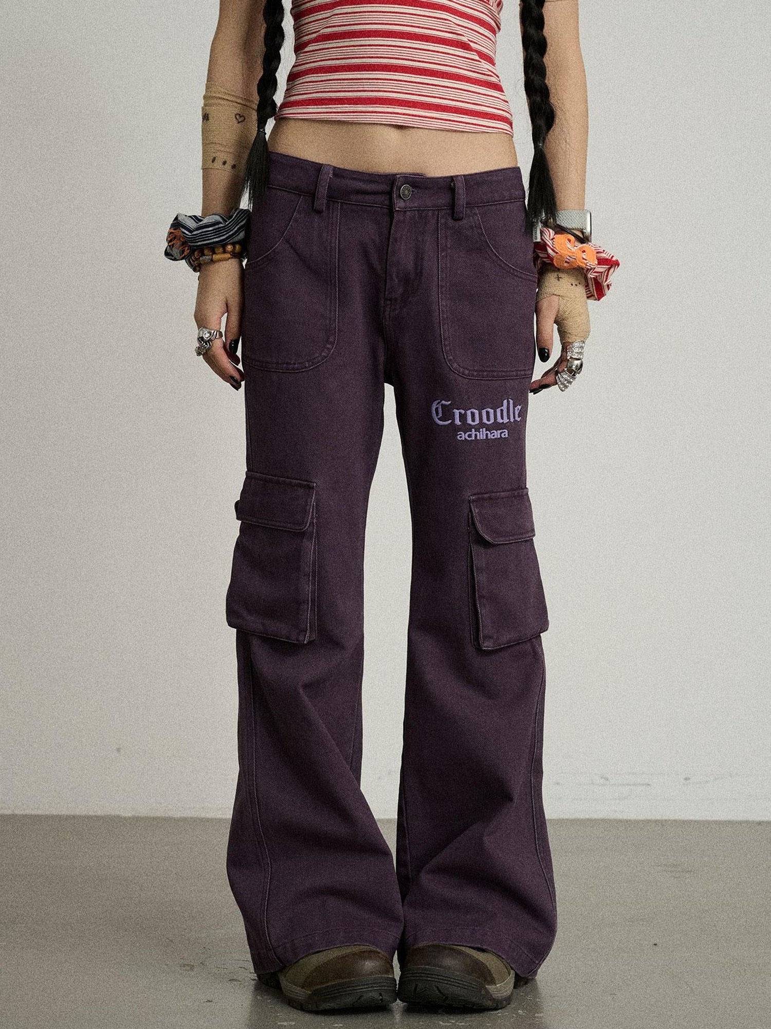 Achihara Gothic Pigeon Low Rise Flare Cargo Pants