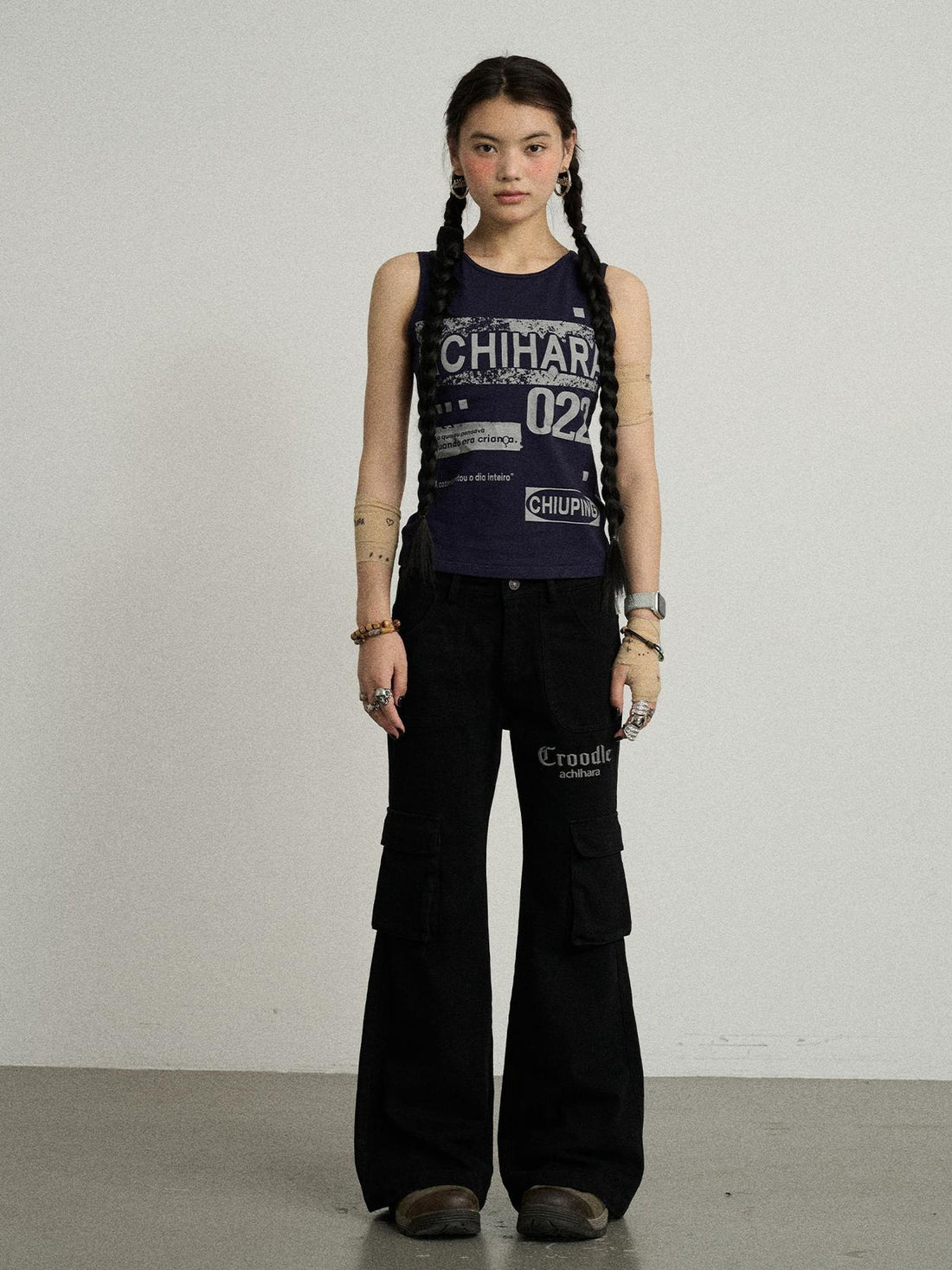 Achihara Gothic Pigeon Low Rise Flare Cargo Pants