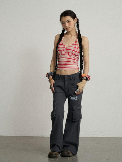 Achihara Gothic Pigeon Low Rise Flare Cargo Pants