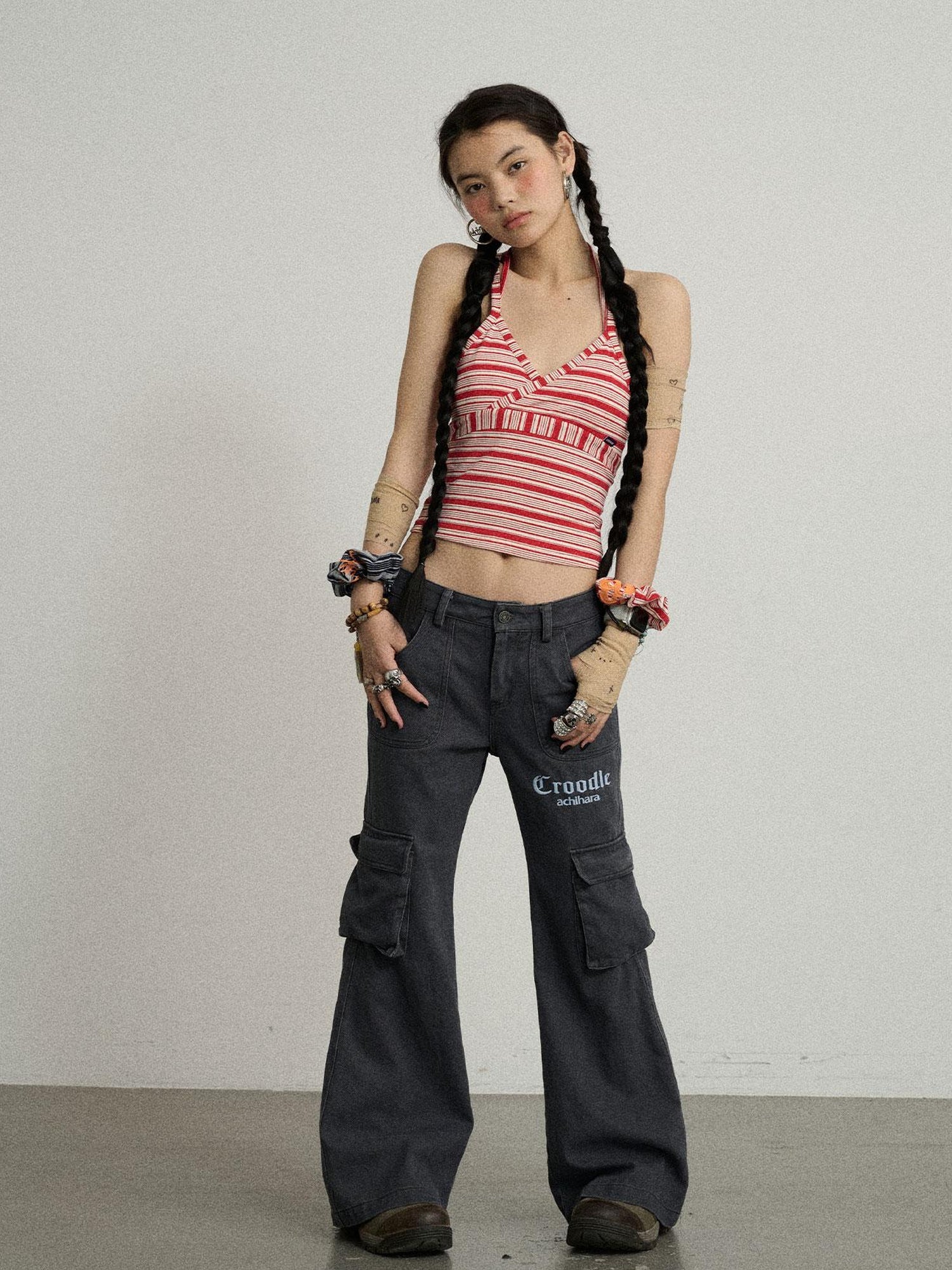 Achihara Gothic Pigeon Low Rise Flare Cargo Pants