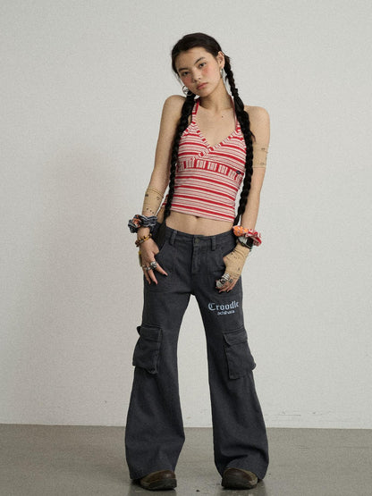 Achihara Gothic Pigeon Low Rise Flare Cargo Pants
