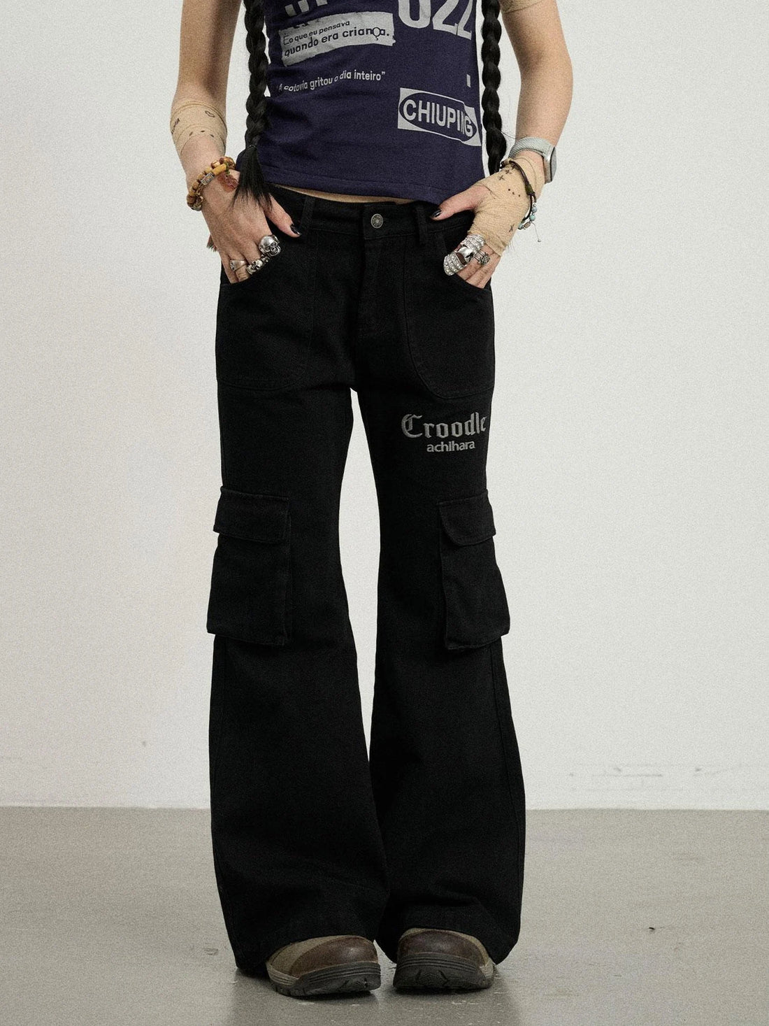 Gothic Pigeon Low Rise Flare Cargo Pants